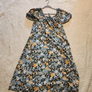 Floral  Dress with Orange and Blue Accents